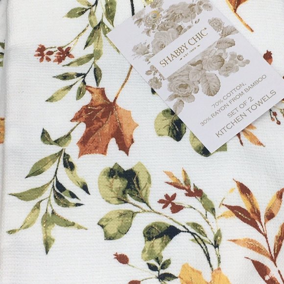 2 Shabby Chic Fall Leaves Terry Kitchen Towel Green Orange Yellow Rust Gold Foil - Picture 4 of 8